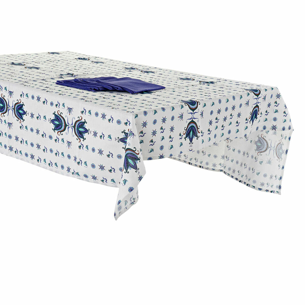 Nappe et serviettes de table DKD Home Decor Bleu Blanc 150 x 150 x 0,5 cm (2 Unités)