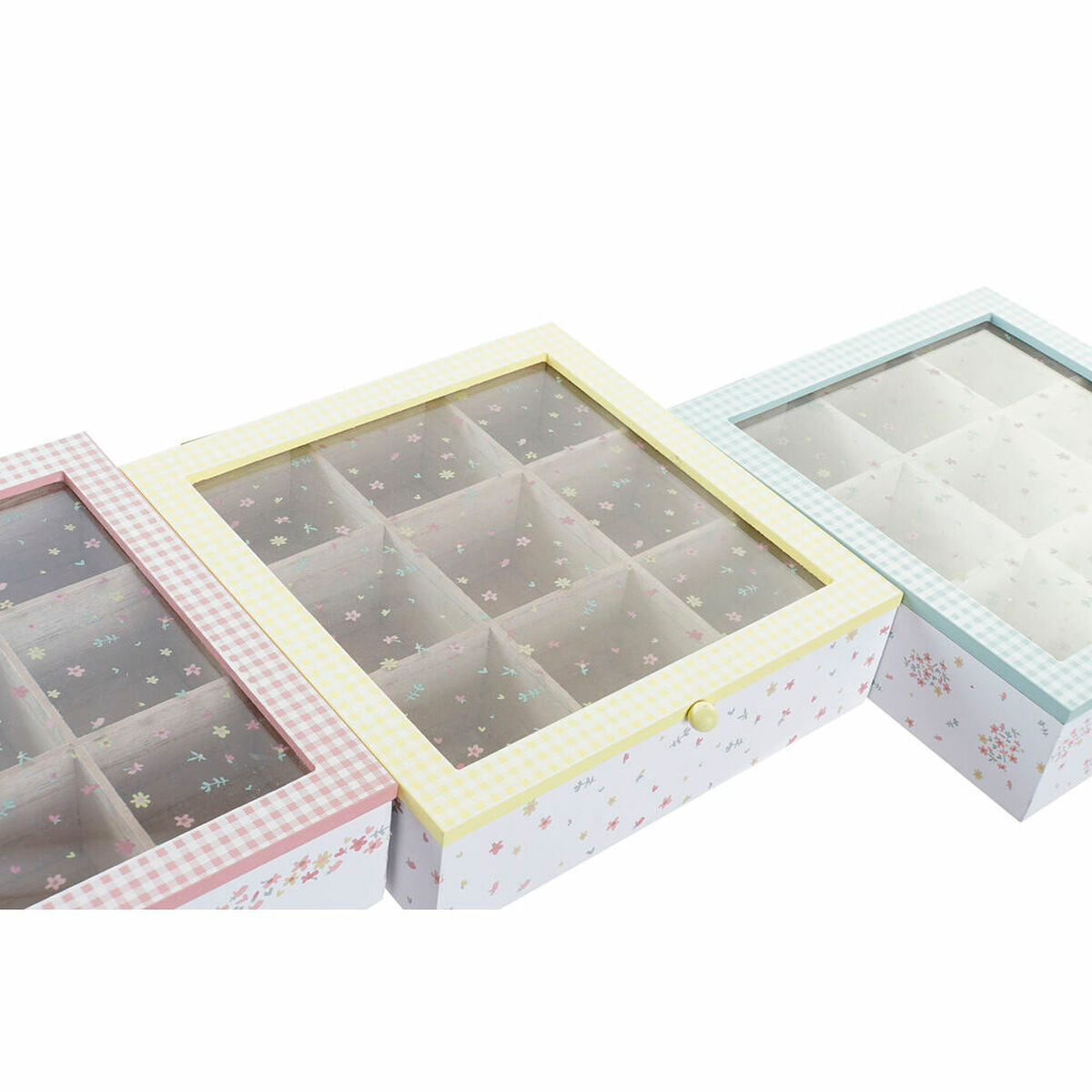 Box for Infusions DKD Home Decor Yellow Red Green Metal Crystal MDF Wood 3 Pieces 24 x 24 x 7 cm