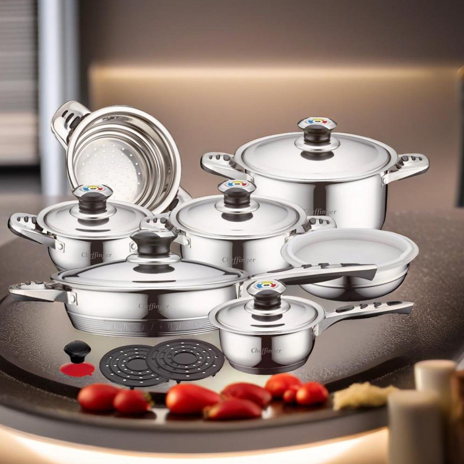 Cheffinger CF-1600S: 16 Pieces Stainless Steel (Inox) Cookware Set