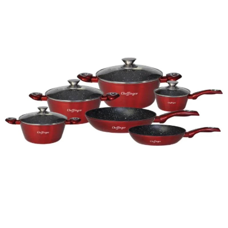 Cheffinger CF-FA1010: 10 Pieces Marble Coated Cookware Set Black