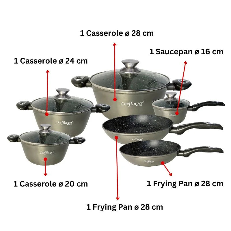 Cheffinger CF-FA1010: 10 Pieces Marble Coated Cookware Set Gray