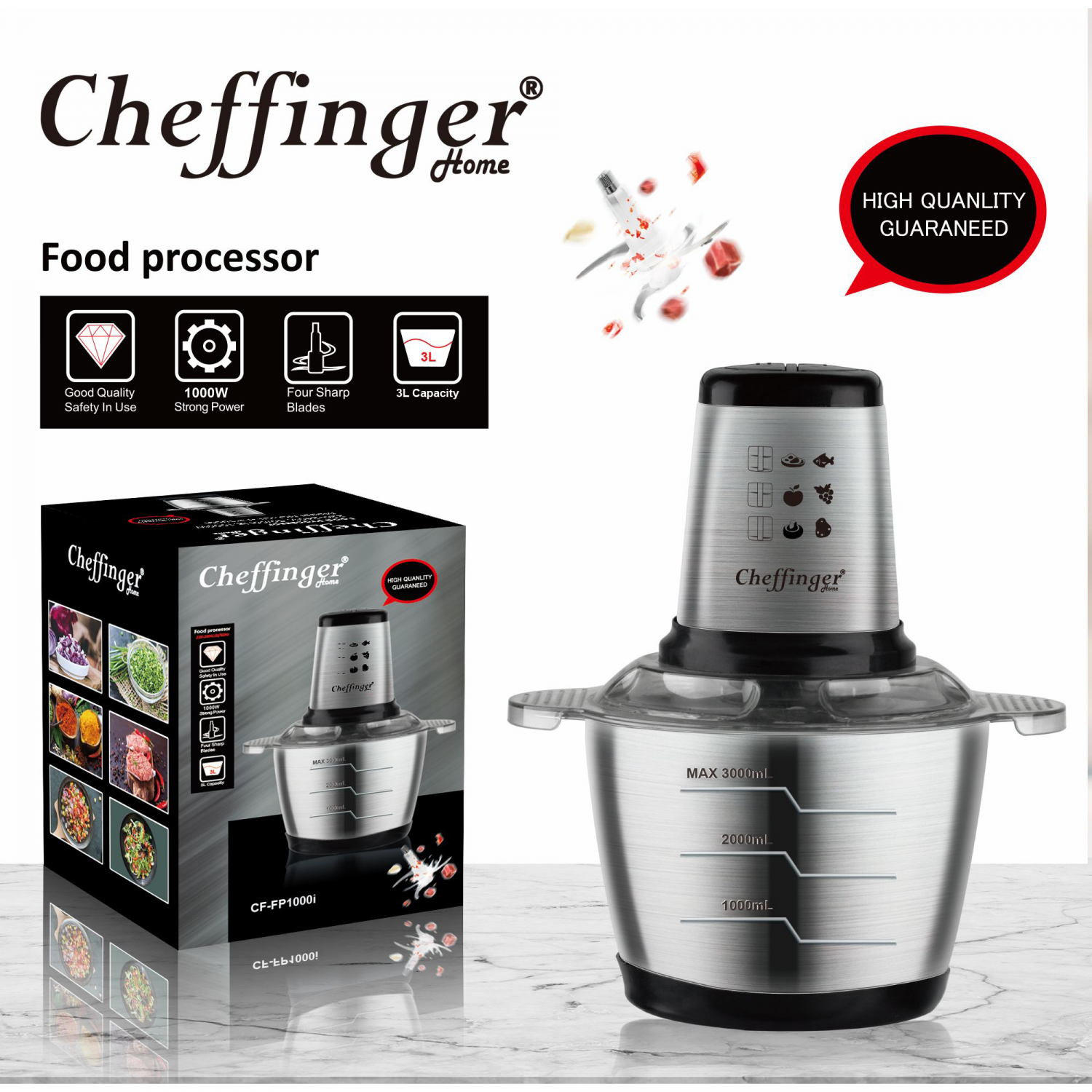 Chefffinger CF-FP1000I : Robot culinaire 3L 1000W